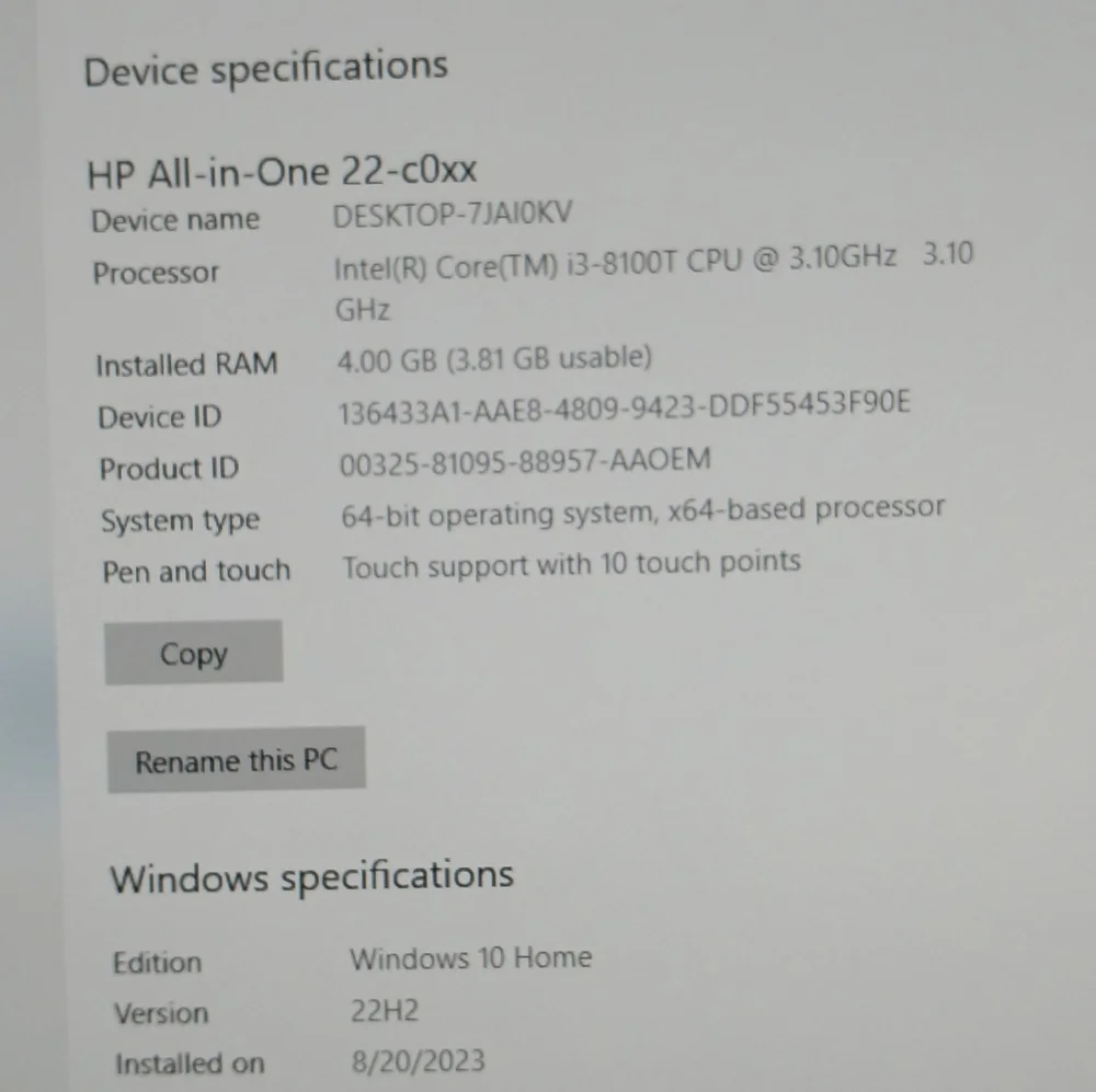 White HP All-in-one 22-c0xx Intel CORE i3 Touch Screen 8th Gen Desk Top